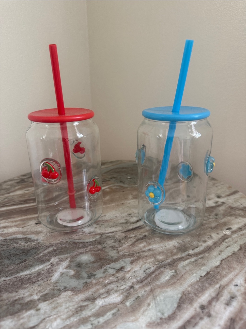 Clear Glass Tumbler with Red Lid & Straw - Cherry Accent
